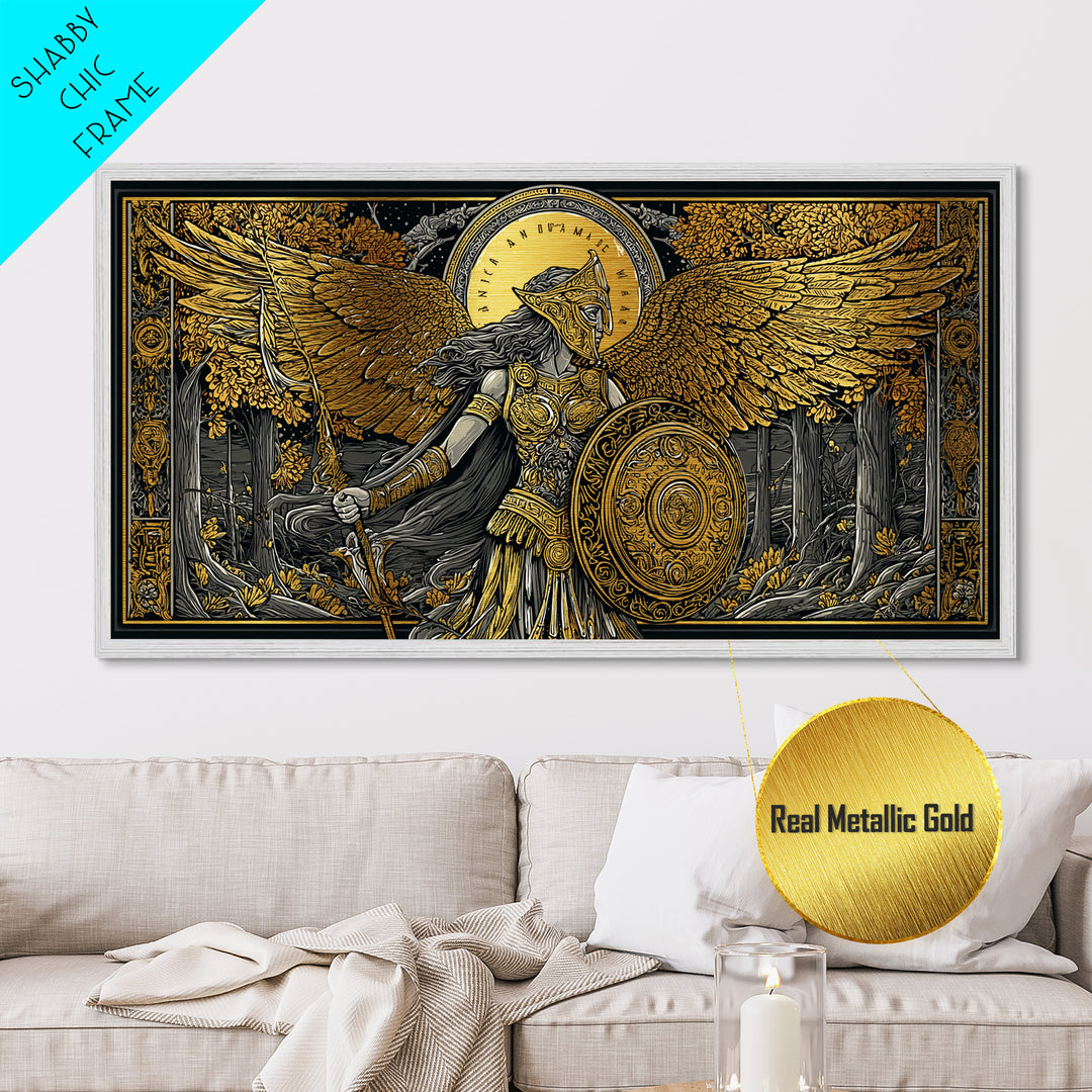 Metallic Gold Art Of Athena Greek Goddess Warrior With Wings, Detailed Shield And Spear, Golden Forest Scene, Panoramic Wall Print