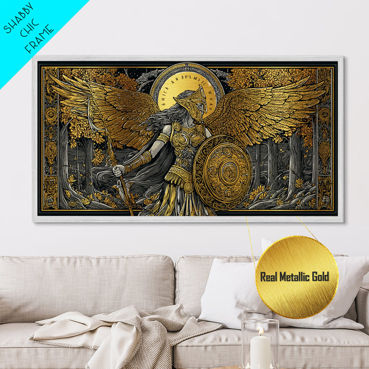 Metallic Gold Art Of Athena Greek Goddess Warrior With Wings, Detailed Shield And Spear, Golden Forest Scene, Panoramic Wall Print