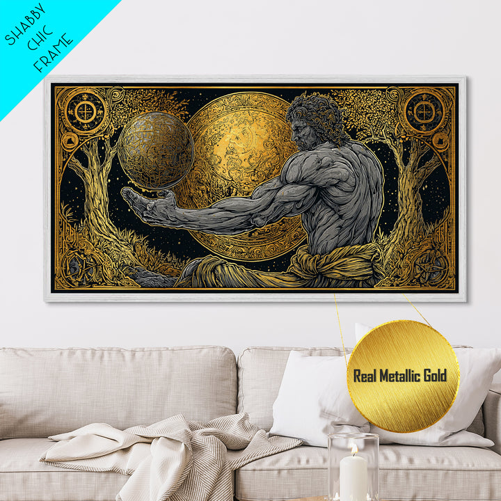 Metallic Gold Metal Print Of Atlas Greek Titan Holding Celestial Sphere, Mythology Cosmic Scene, Panoramic Detailed Greek Wall Art
