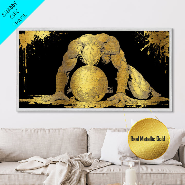 Metallic Gold Art Of Atlas Greek Titan Bearing The World, Gold Crackle Effect, Mythology Strength Scene, Panoramic Ancient Wall Print