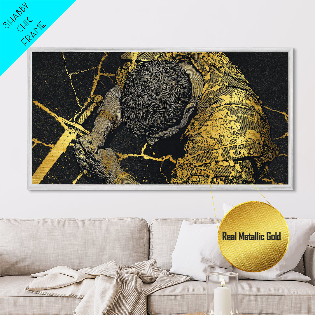 Metallic Gold Metal Print Of Cassius Greek Warrior Kneeling With Sword, Gold Crackle Armor Detail, Panoramic Mythology Wall Artwork