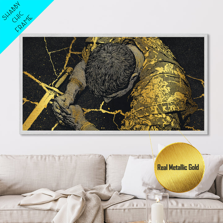 Metallic Gold Metal Print Of Cassius Greek Warrior Kneeling With Sword, Gold Crackle Armor Detail, Panoramic Mythology Wall Artwork
