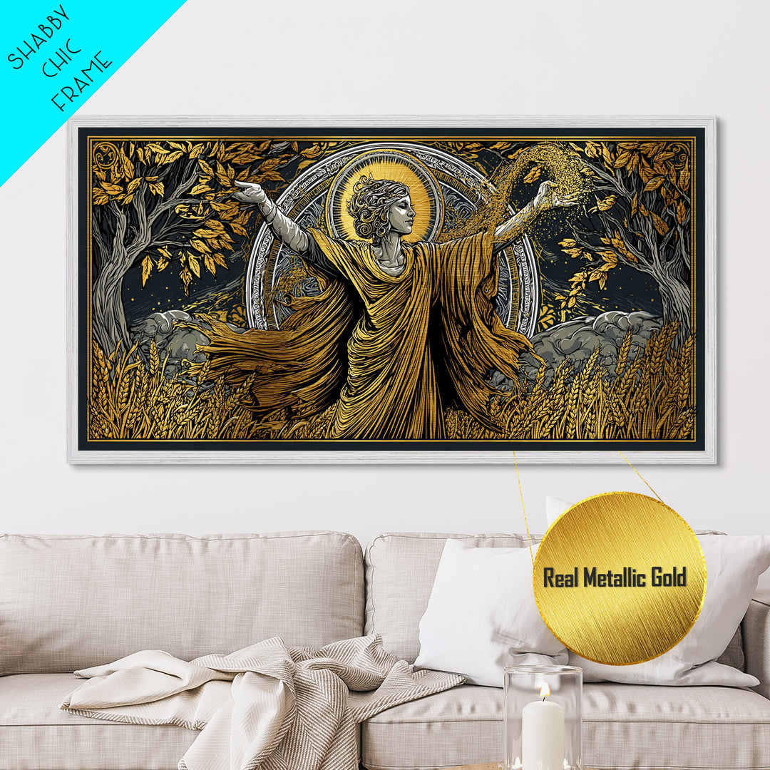 Metallic Gold Art, Demeter Goddess of Harvest, Greek Mythology Wall Decor, Ancient Agriculture Theme, Black and Gold Metal Artwork