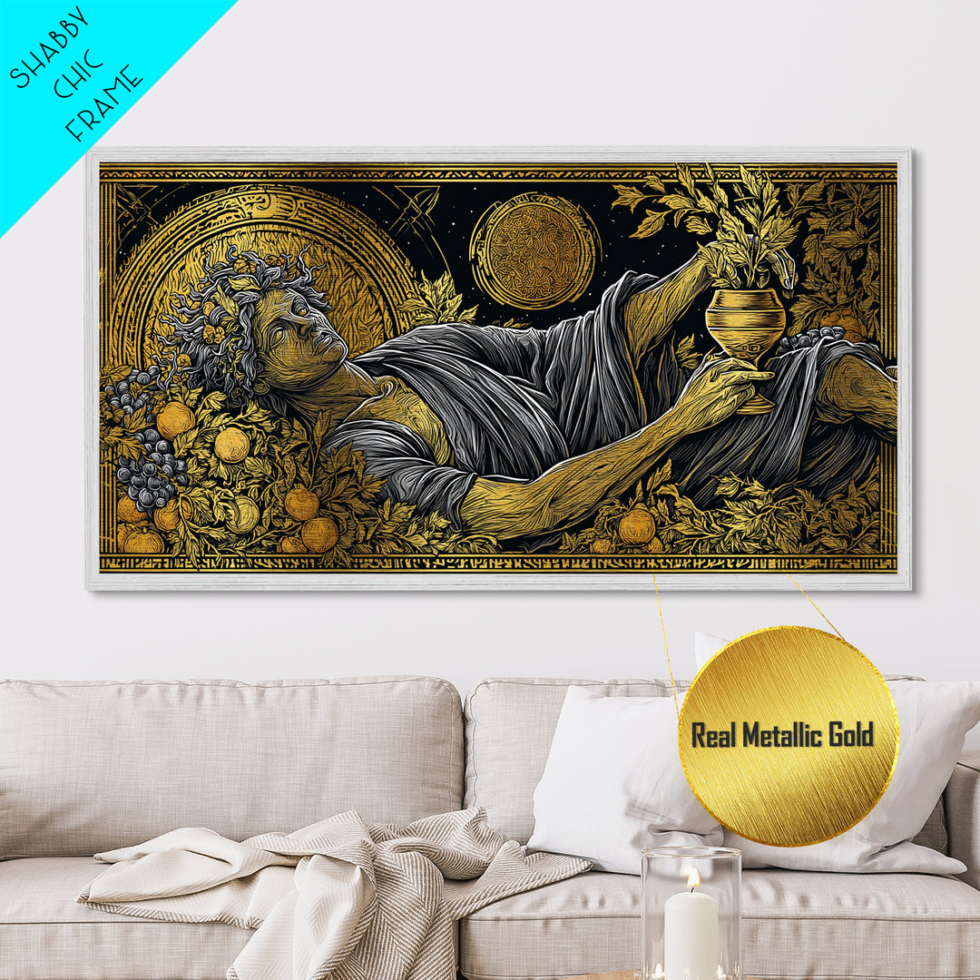 Metallic Gold Art, Dionysus God of Revelry, Greek Mythology Wall Art, Bacchus Celebration Scene, Black and Gold Luxury Metal Print