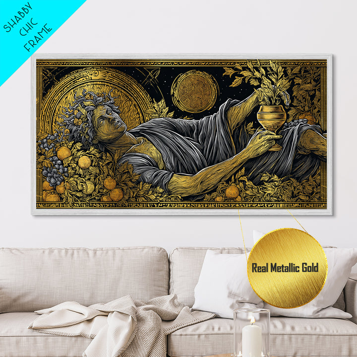 Metallic Gold Art, Dionysus God of Revelry, Greek Mythology Wall Art, Bacchus Celebration Scene, Black and Gold Luxury Metal Print