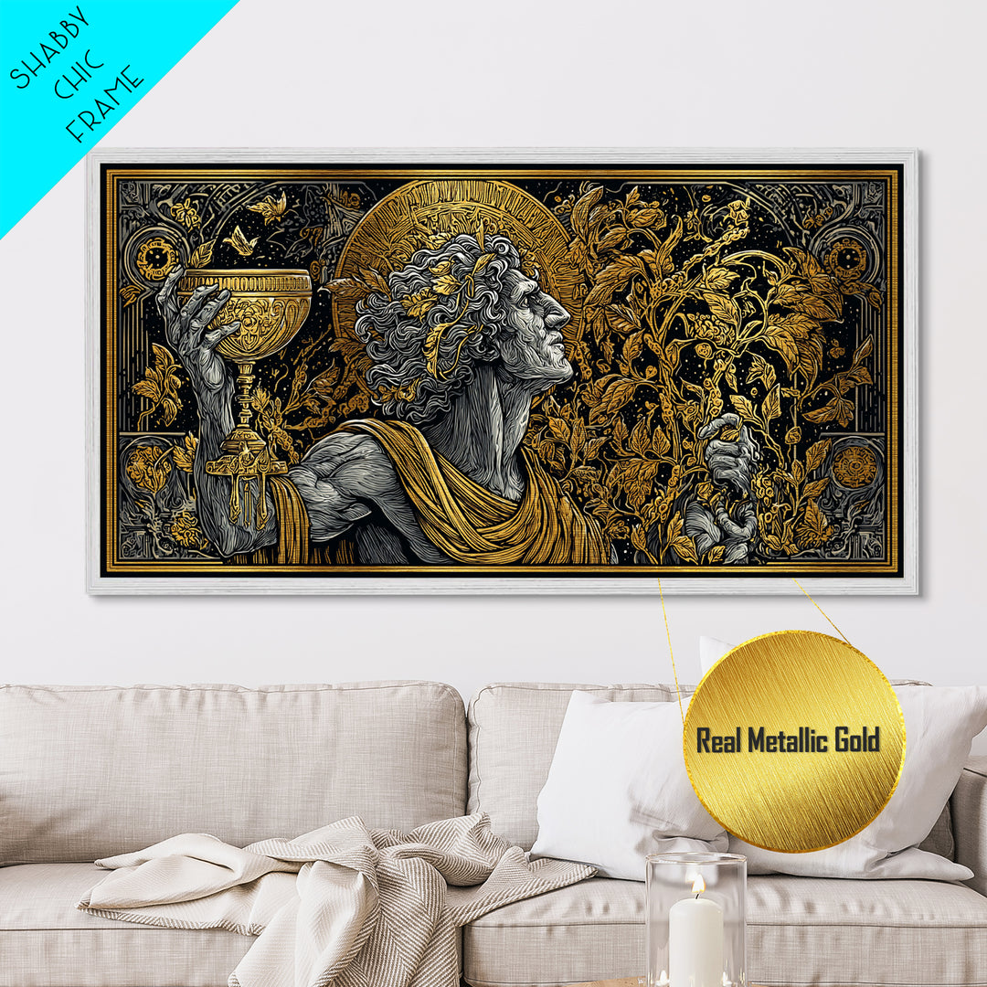Metallic Gold Art, Dionysus God of Ecstasy, Greek Mythology Wall Scene, Bacchanalia Festival Theme, Black and Gold Metal Wall Print