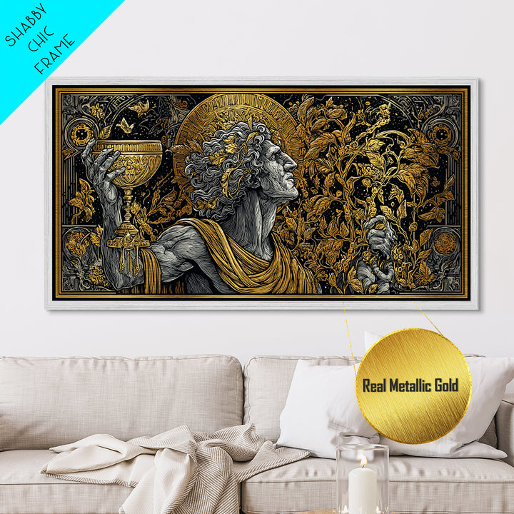 Metallic Gold Art, Dionysus God of Ecstasy, Greek Mythology Wall Scene, Bacchanalia Festival Theme, Black and Gold Metal Wall Print