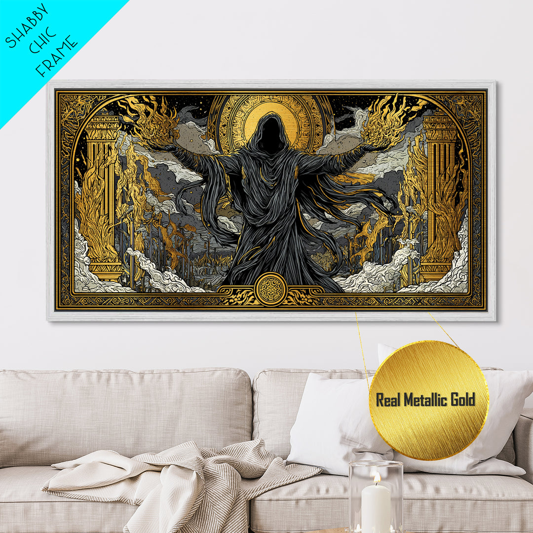 Metallic Gold Art, Erebus God of Darkness, Greek Primordial Deity Wall Scene, Ancient Myth Shadow Theme, Black and Gold Metal Artwork