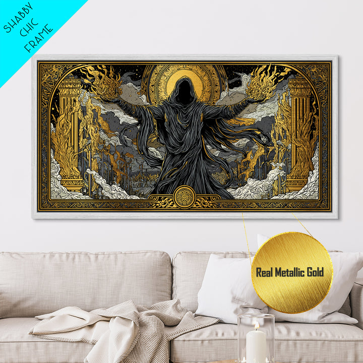 Metallic Gold Art, Erebus God of Darkness, Greek Primordial Deity Wall Scene, Ancient Myth Shadow Theme, Black and Gold Metal Artwork