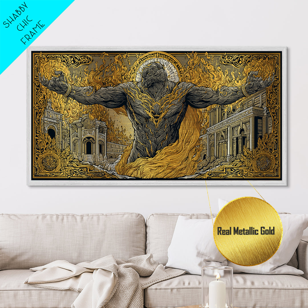 Erebus Metallic Gold Metal Print, Mythical God Artwork, Ancient Greek Wall Art, Real Wood Frame, Luxury Metal Home Decor, Gothic Style