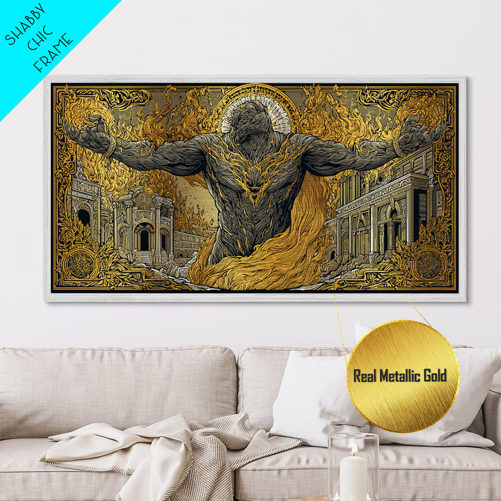 Erebus Metallic Gold Metal Print, Mythical God Artwork, Ancient Greek Wall Art, Real Wood Frame, Luxury Metal Home Decor, Gothic Style