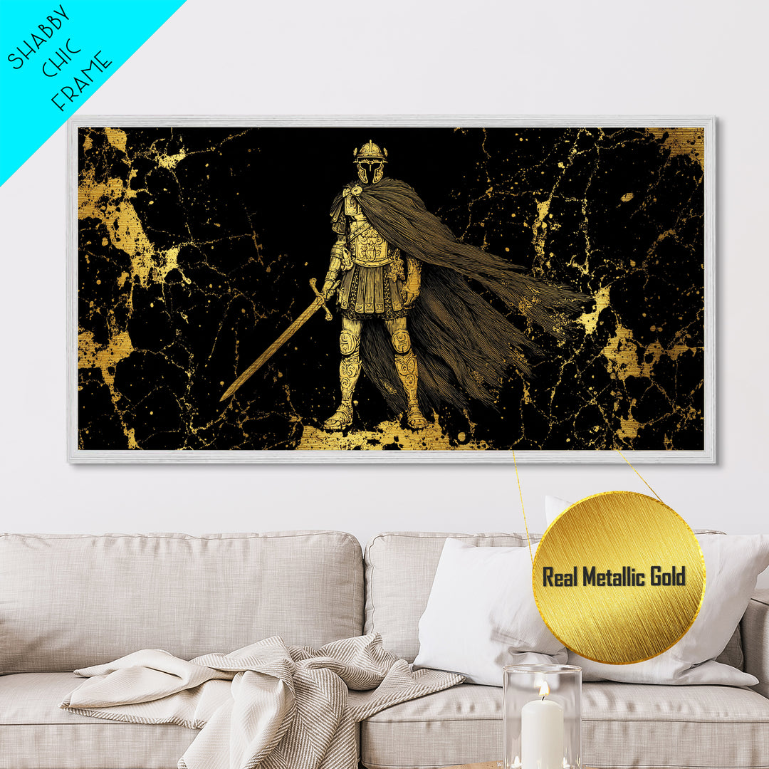 Flavius Metallic Gold Metal Print, Roman Warrior Wall Art, Ancient Soldier Decor, Real Wood Frame, Luxury Metal Artwork For Office