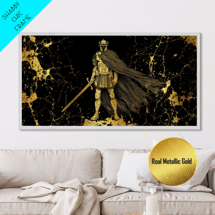 Flavius Metallic Gold Metal Print, Roman Warrior Wall Art, Ancient Soldier Decor, Real Wood Frame, Luxury Metal Artwork For Office
