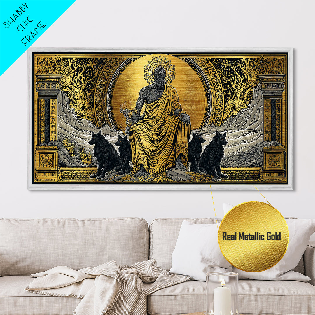 Hades Metallic Gold Metal Print, Greek God Of Underworld Wall Art, Cerberus Mythology Decor, Real Wood Frame, Luxury Metal Wall Hanging