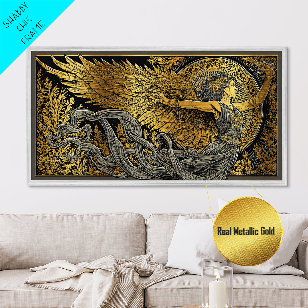 Nike Metallic Gold Metal Print, Greek Goddess Wall Art, Luxury Mythology Decor, Real Wood Frame Artwork, Elegant Gold Winged Art