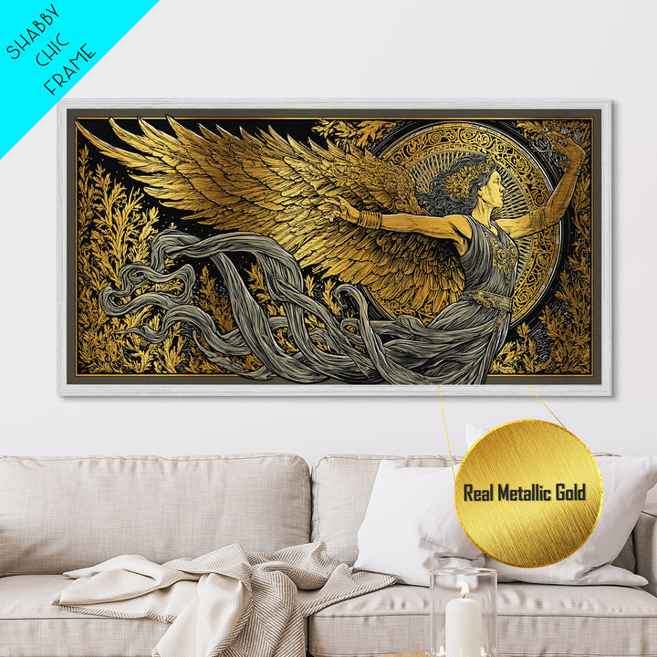 Nike Metallic Gold Metal Print, Greek Goddess Wall Art, Luxury Mythology Decor, Real Wood Frame Artwork, Elegant Gold Winged Art