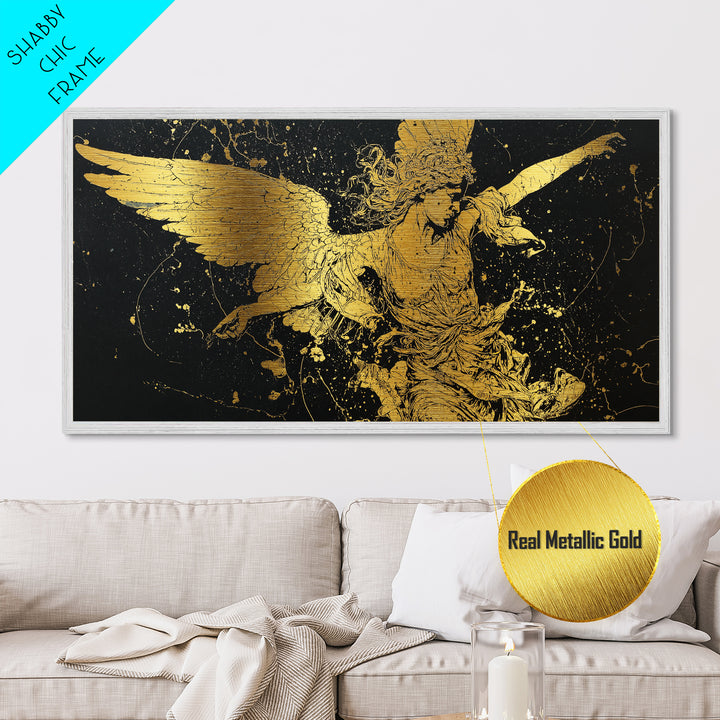 Nike Metallic Gold Art, Greek Goddess Wall Decor, Luxury Mythology Wall Hanging, Real Wood Frame Print, Gold Winged Figure Artwork