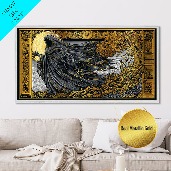 Nyx Metallic Gold Metal Print, Greek Goddess Wall Art, Luxury Mythology Decor, Real Wood Frame Artwork, Elegant Night Goddess Print