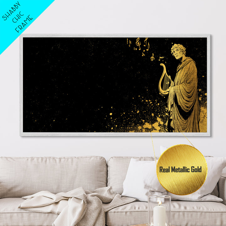 Orpheus Metallic Gold Metal Print, Greek God Wall Art, Luxury Mythology Decor, Real Wood Frame Artwork, Elegant Lyre Musician Artwork