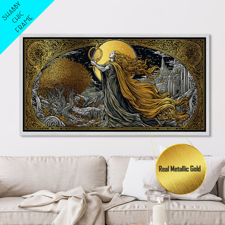 Orpheus Metallic Gold Art, Greek God Wall Decor, Luxury Mythology Wall Hanging, Real Wood Frame Print, Elegant Lyre Musician Wall Art