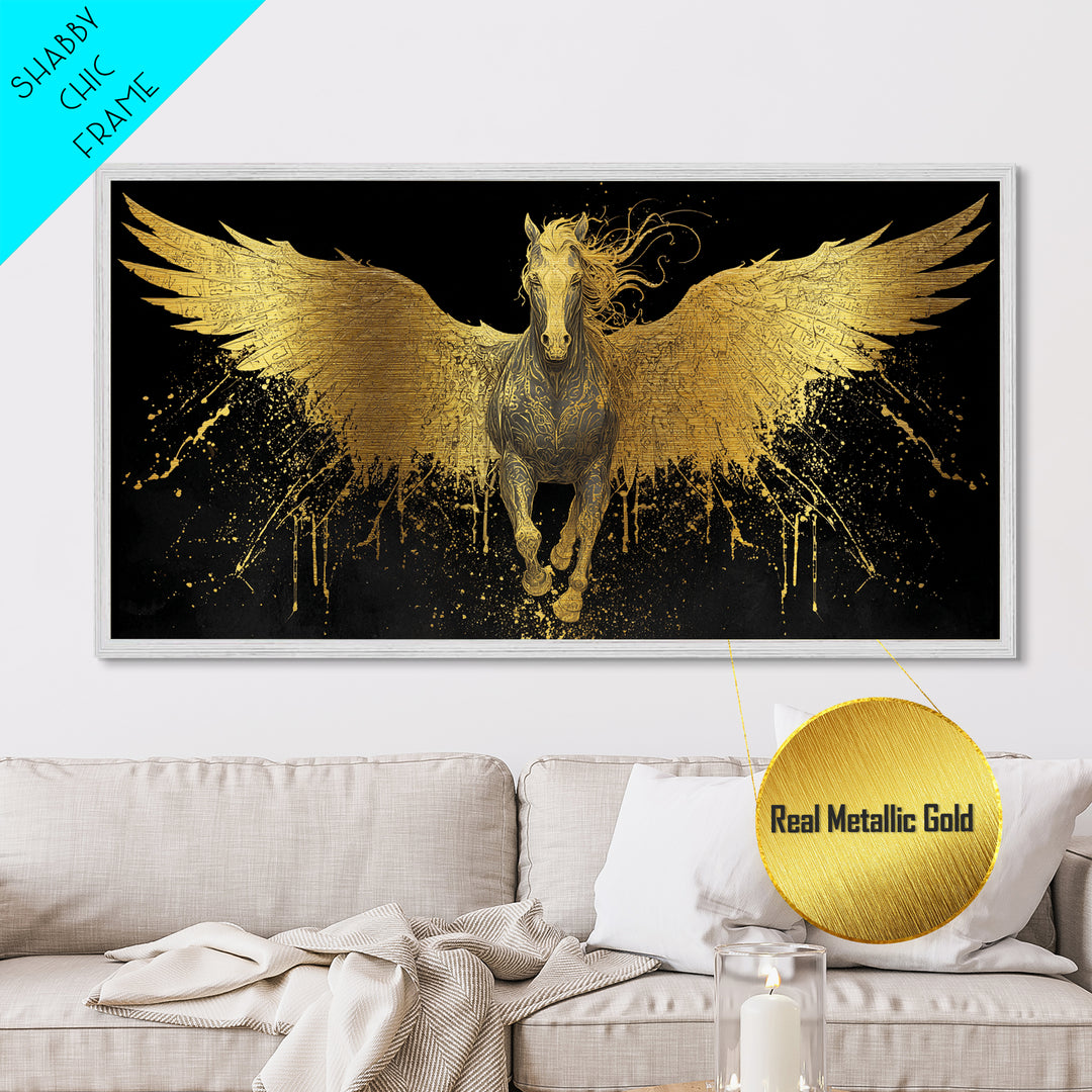 Pegasus Metallic Gold Metal Print, Greek Mythology Wall Art, Luxury Flying Horse Decor, Real Wood Frame Artwork, Elegant Winged Stallion