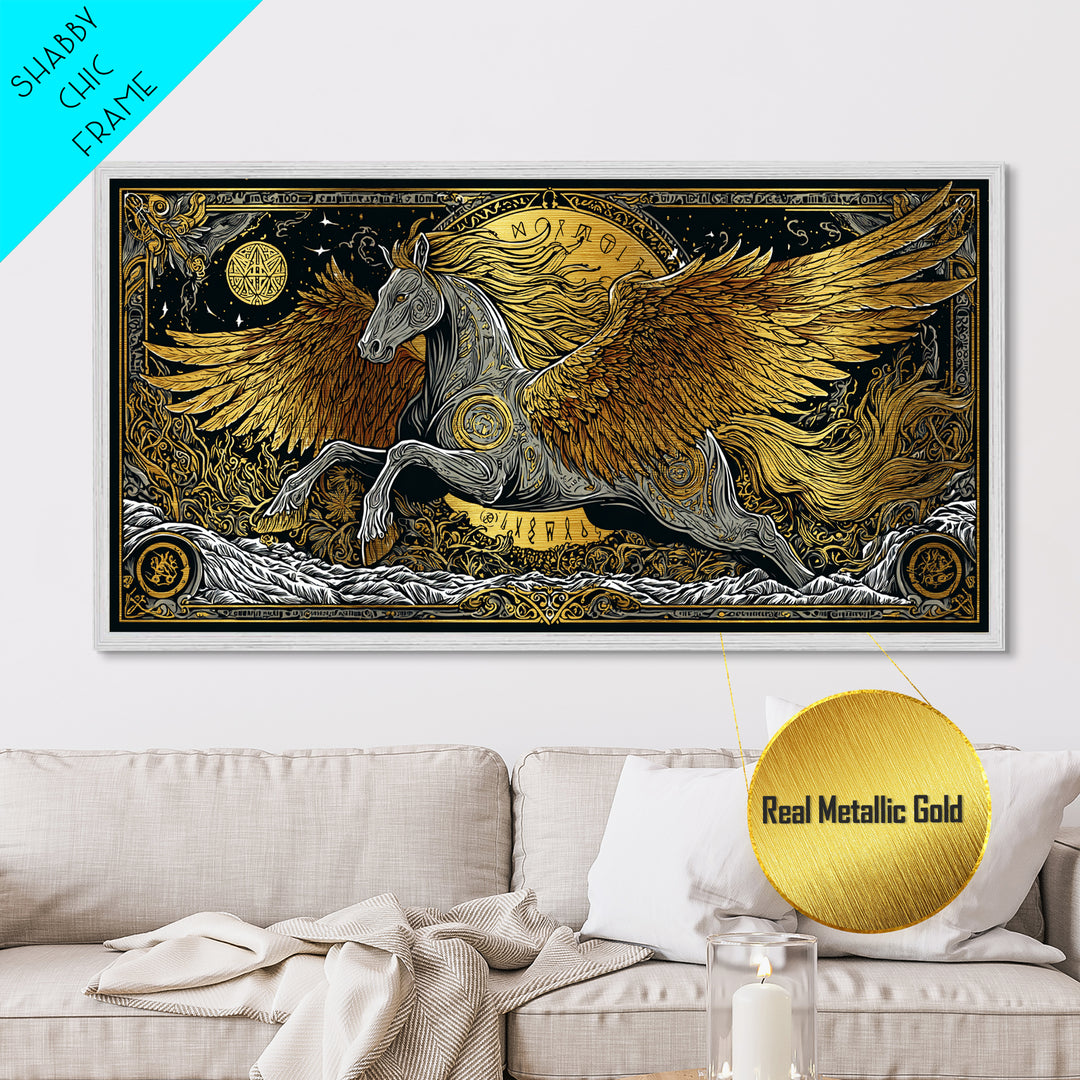 Pegasus Metallic Gold Art, Greek Mythology Wall Decor, Luxury Flying Horse Wall Hanging, Real Wood Frame Print, Elegant Winged Stallion