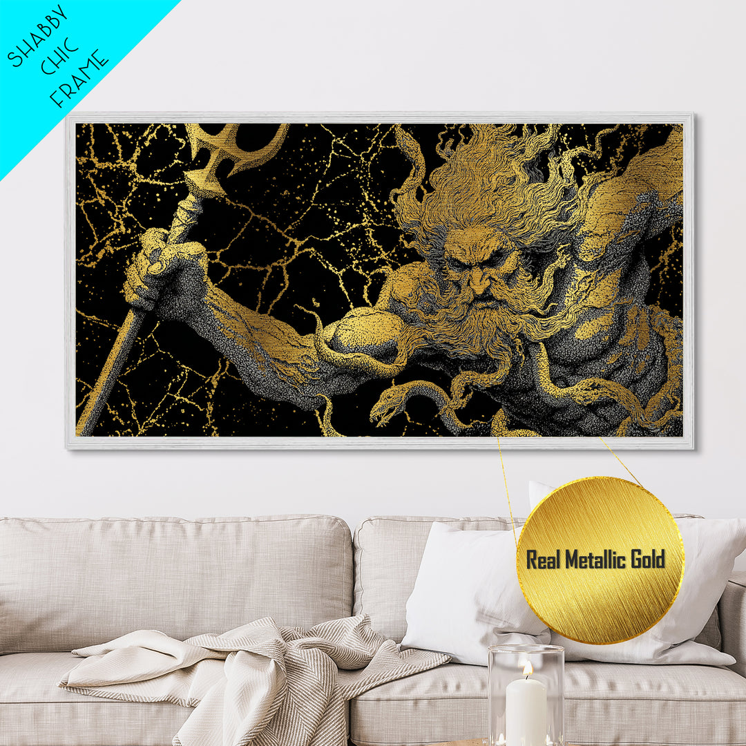 Poseidon Greek God Of The Sea Metallic Gold Metal Print, Mythology Wall Art, Real Wood Frame, Ocean Decor, Nautical Gift