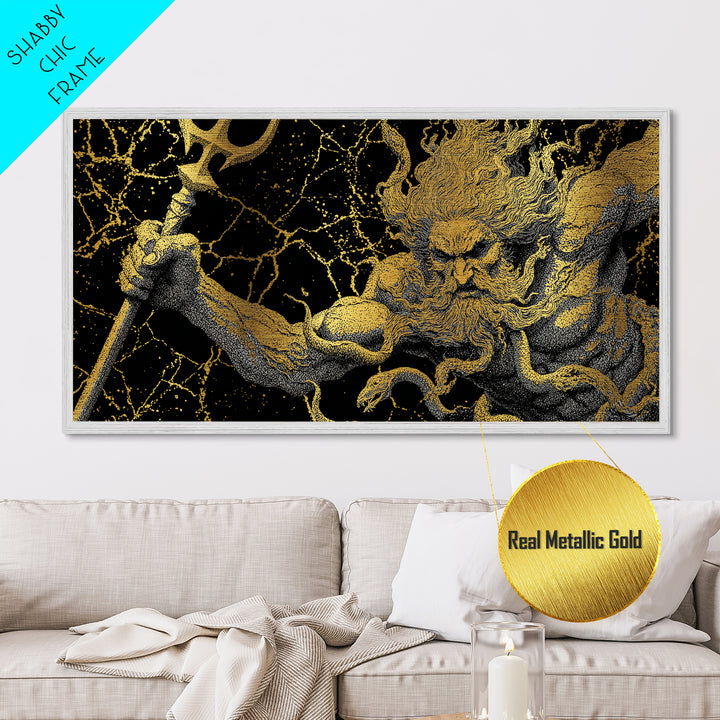 Poseidon Greek God Of The Sea Metallic Gold Metal Print, Mythology Wall Art, Real Wood Frame, Ocean Decor, Nautical Gift