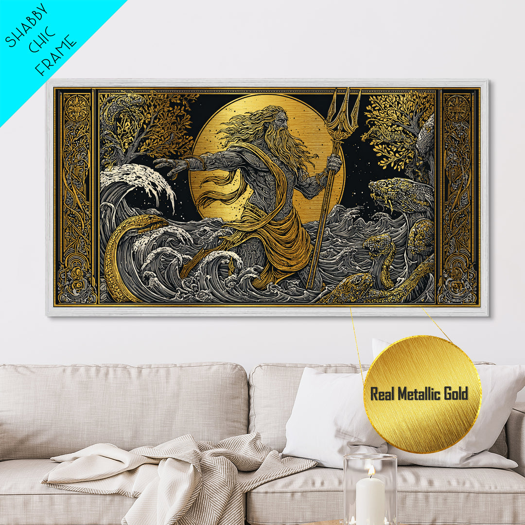 Poseidon Ocean Power Metallic Gold Art, Greek God Metal Print, Sea Mythology Wall Decor, Real Wood Frame, Coastal Gift