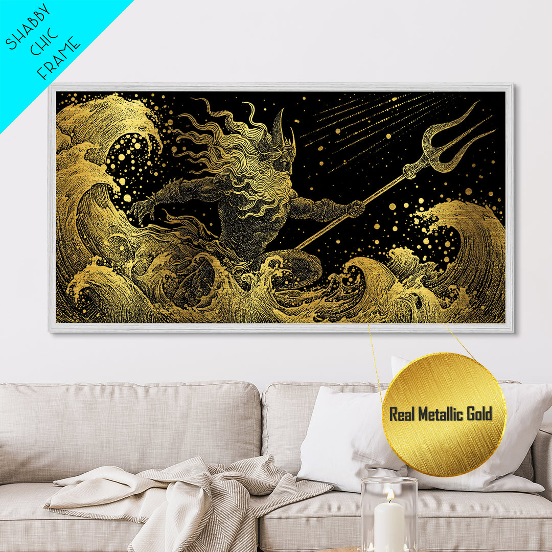 Poseidon Sea Serpent Battle Metallic Gold Metal Print, Greek Mythology Wall Art, Real Wood Frame, Ocean Lover Gift