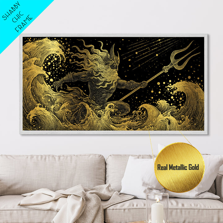 Poseidon Sea Serpent Battle Metallic Gold Metal Print, Greek Mythology Wall Art, Real Wood Frame, Ocean Lover Gift