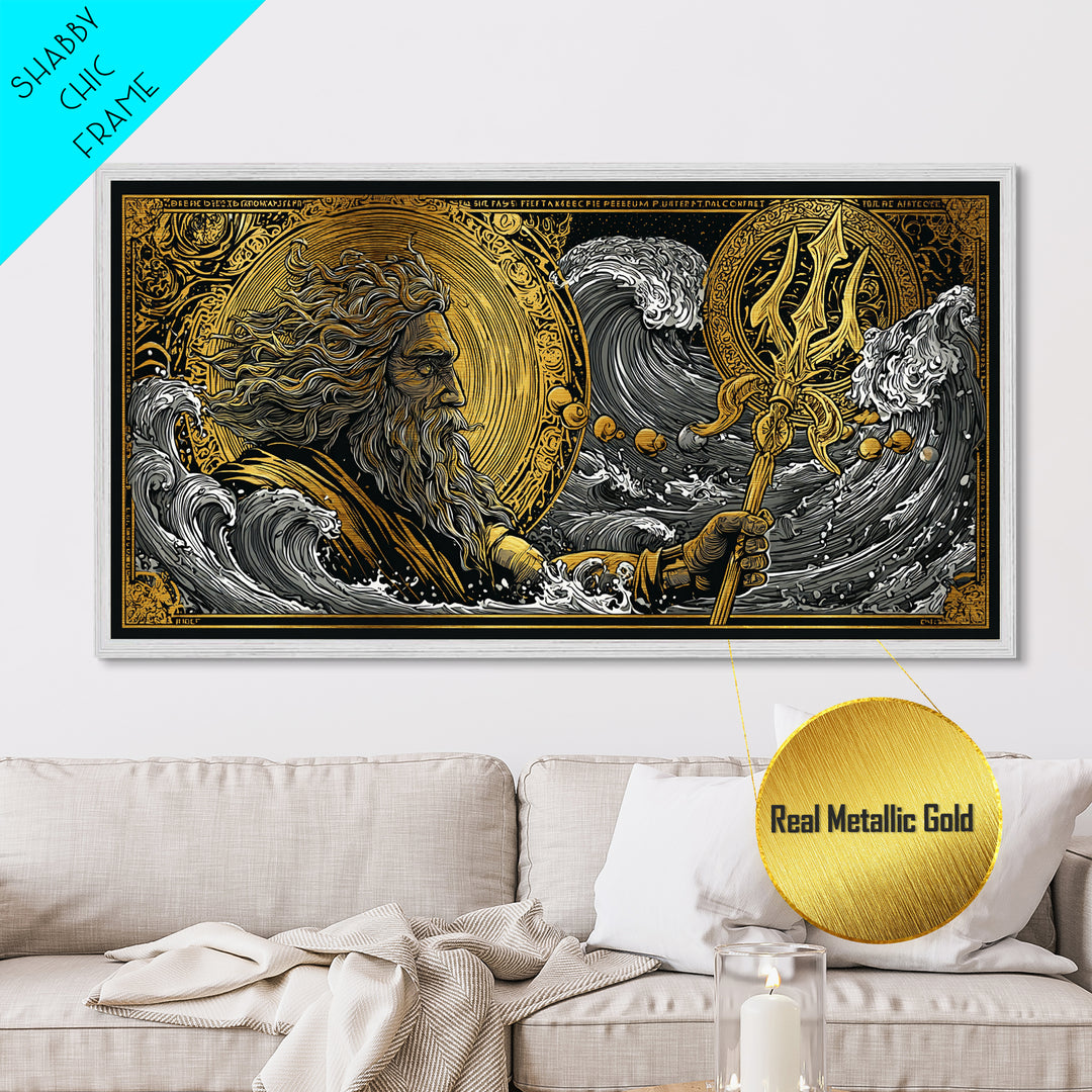 Poseidon Ocean Waves Metallic Gold Art, Greek God Metal Print, Sea Mythology Wall Decor, Real Wood Frame, Nautical Gift