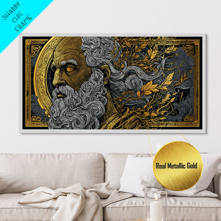 Socrates Metallic Gold Metal Print, Real Wood Framed Greek Philosophy Wall Art, Luxury Mythology Inspired Metal Artwork
