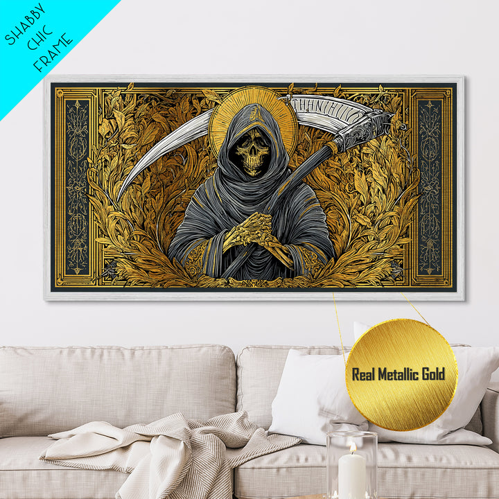 Thanatos Metallic Gold Metal Print, Real Wood Framed Greek Myth Wall Art, Grim Reaper Death Figure Decorative Metal Artwork