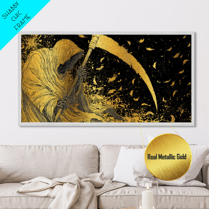Thanatos Metallic Gold Metal Print, Real Wood Framed Greek Myth Wall Decor, Death Scythe Dark Art Luxury Metal Wall Artwork