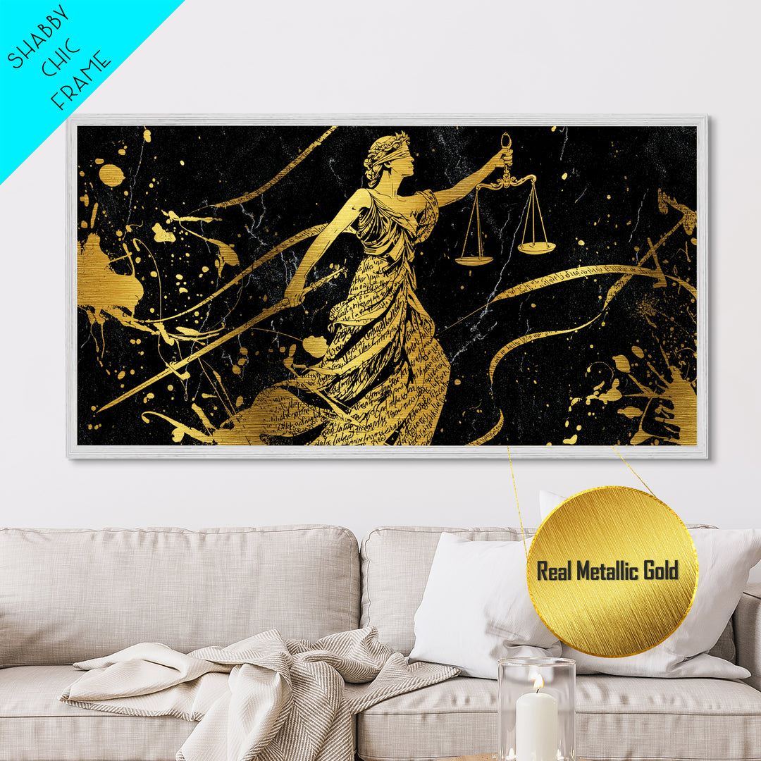 Themis Metallic Gold Metal Print, Real Wood Framed Greek Justice Wall Art, Scales Of Justice Mythology Inspired Metal Artwork