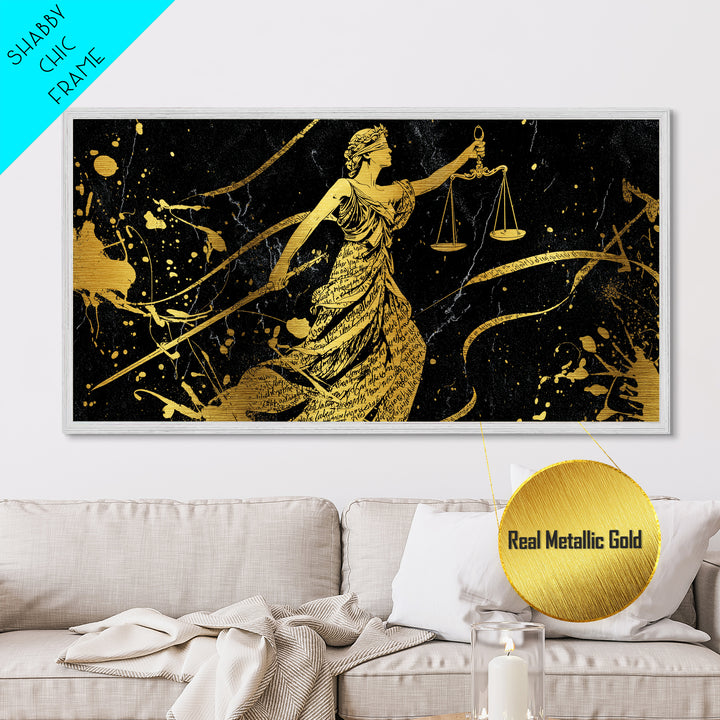 Themis Metallic Gold Metal Print, Real Wood Framed Greek Justice Wall Art, Scales Of Justice Mythology Inspired Metal Artwork