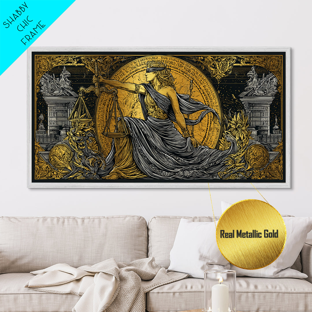 Themis Metallic Gold Metal Print, Real Wood Framed Greek Justice Wall Decor, Blindfolded Lady With Scales Metal Wall Artwork