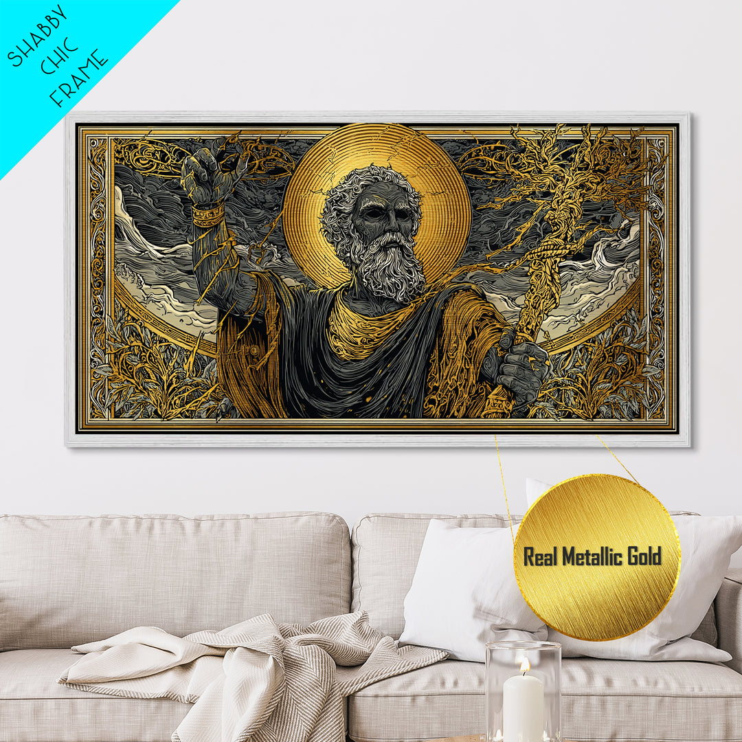 Zeus Metallic Gold Metal Print, Real Wood Framed Greek God Of Thunder Wall Art, Lightning Bolt Mythology Decorative Metal Artwork