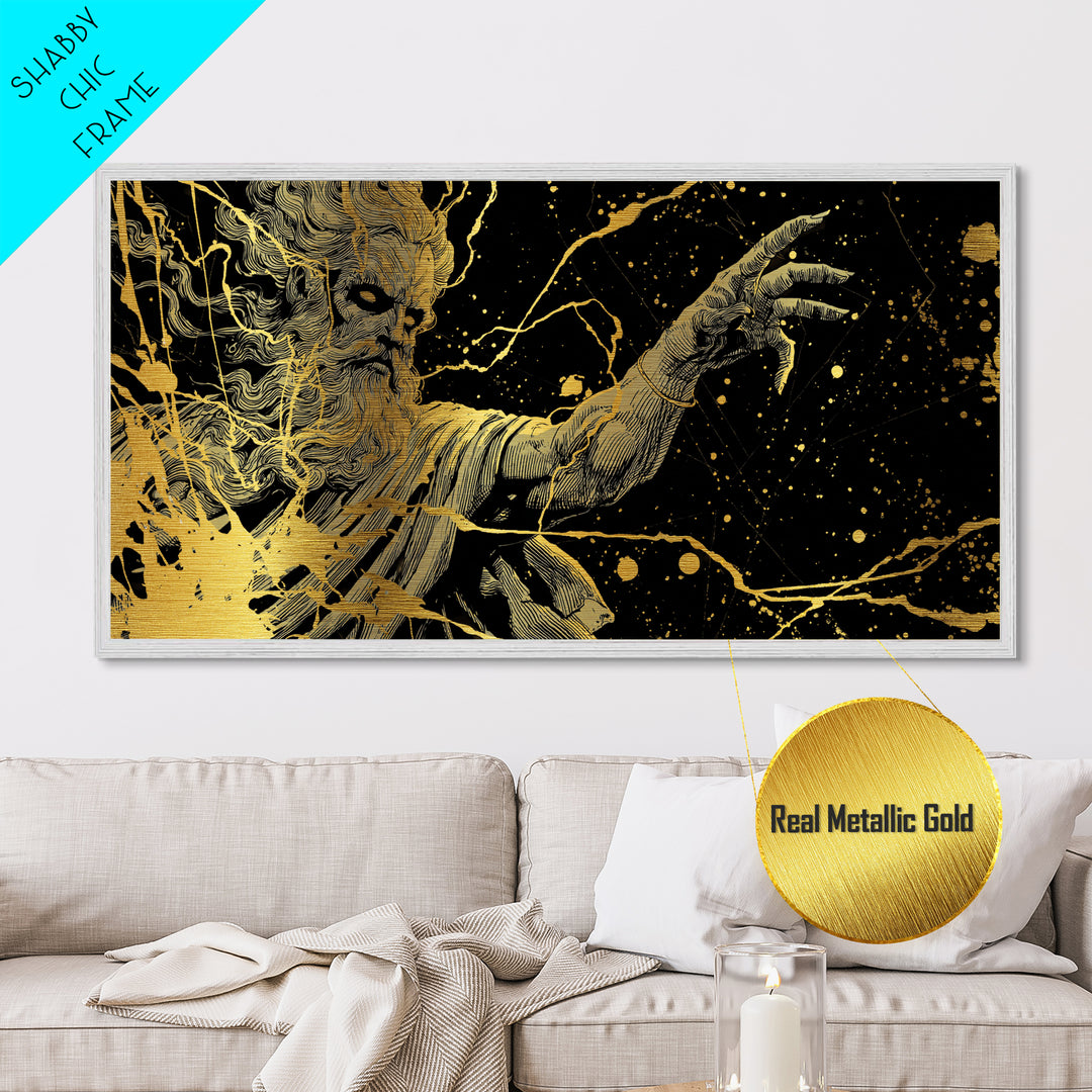 Zeus Metallic Gold Metal Print, Real Wood Framed Greek Myth Wall Art, Lightning And Storm Luxury Decorative Metal Artwork
