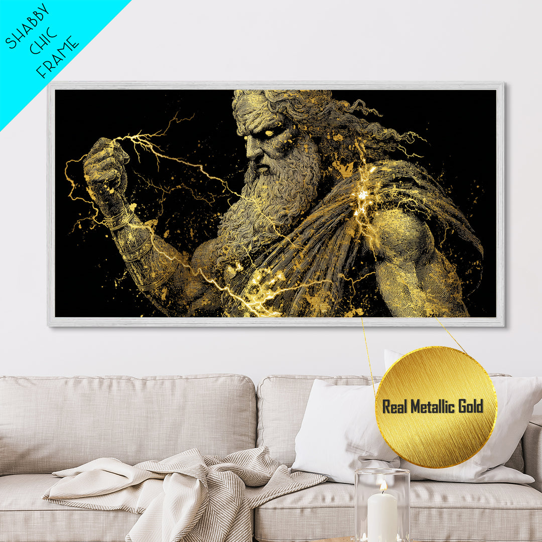 Zeus Metallic Gold Metal Print, Real Wood Framed Greek Mythology Wall Art, Crowned Figure With Flowing Hair Decorative Artwork