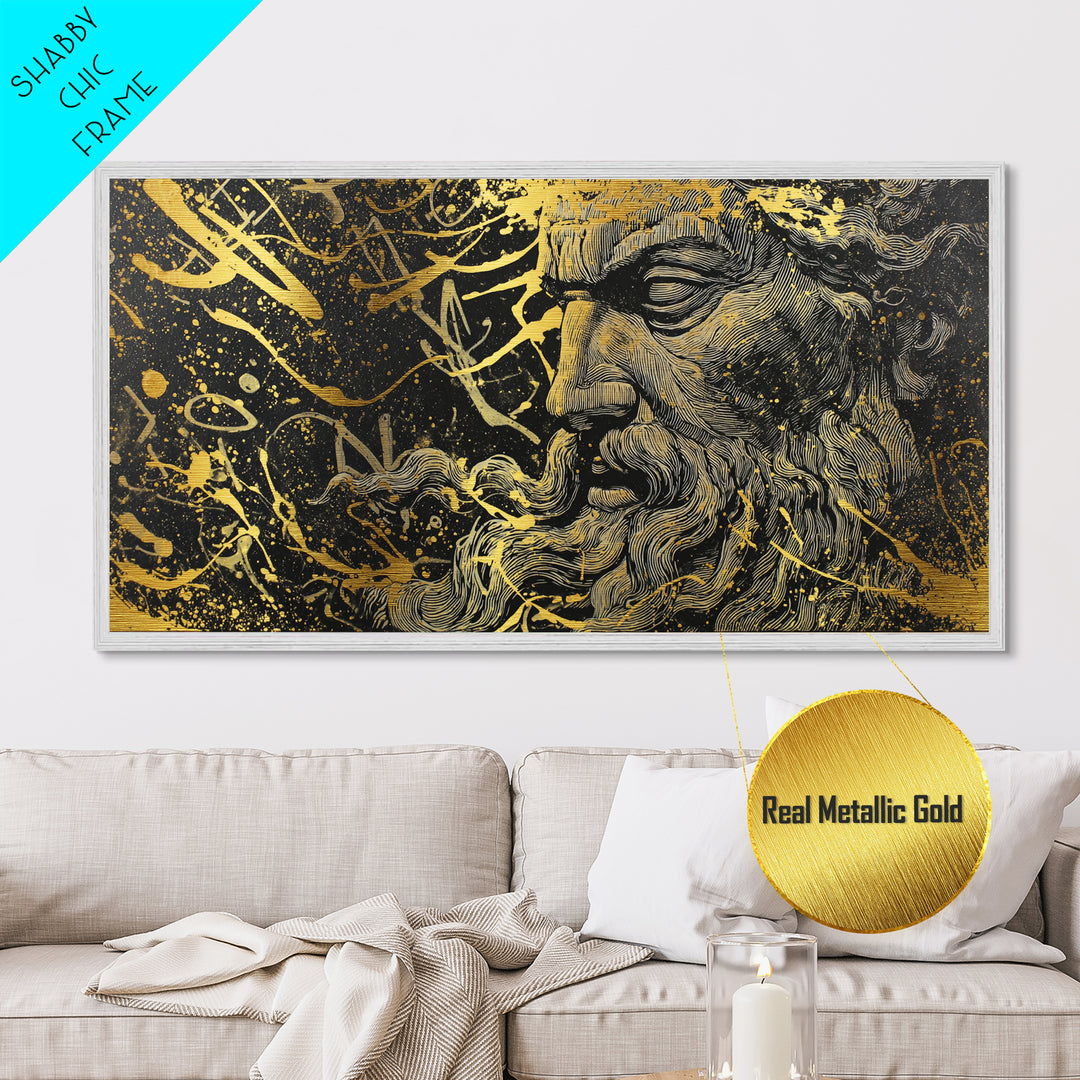 Zeus Metallic Gold Metal Print, Real Wood Framed Greek God Wall Art, Mythological Bearded Portrait Luxury Decorative Artwork