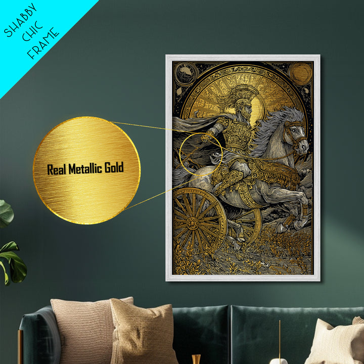 Roman Chariot Warrior with Celestial Disc – Metallic Gold Art Print, Classical Battle Scene Metal Art, Ancient Rome Wall Decor
