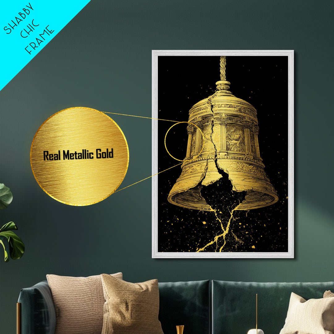 Golden Cracked Bell – Metallic Gold Metal Print – Ancient Greek Inspired Wall Art with Real Wood Frame for Classical Decor