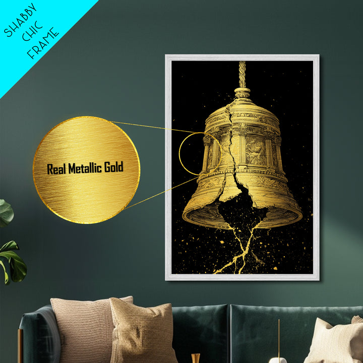 Golden Cracked Bell – Metallic Gold Metal Print – Ancient Greek Inspired Wall Art with Real Wood Frame for Classical Decor