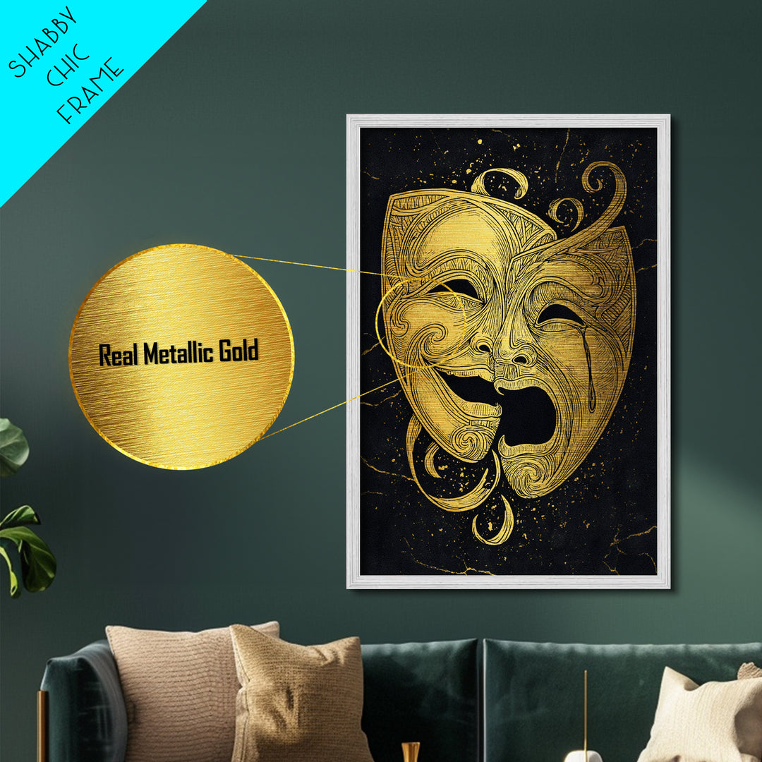 Comedy and Tragedy Theater Masks Metallic Gold Metal Print – Dramatic Wall Art with Real Wood Frame for Home or Studio