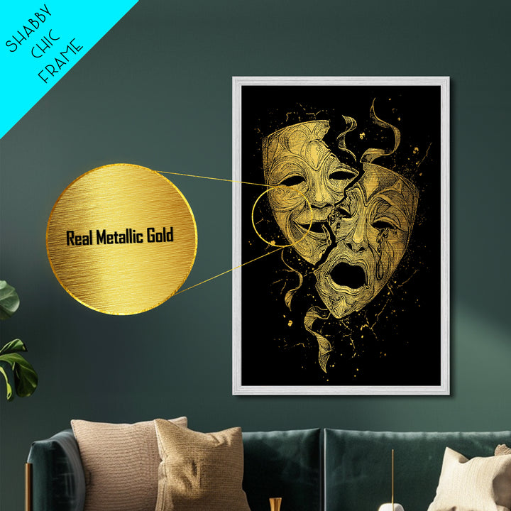 Broken Comedy and Tragedy Masks Metallic Gold Metal Print – Dramatic Greek Theater Wall Art with Real Wood Frame
