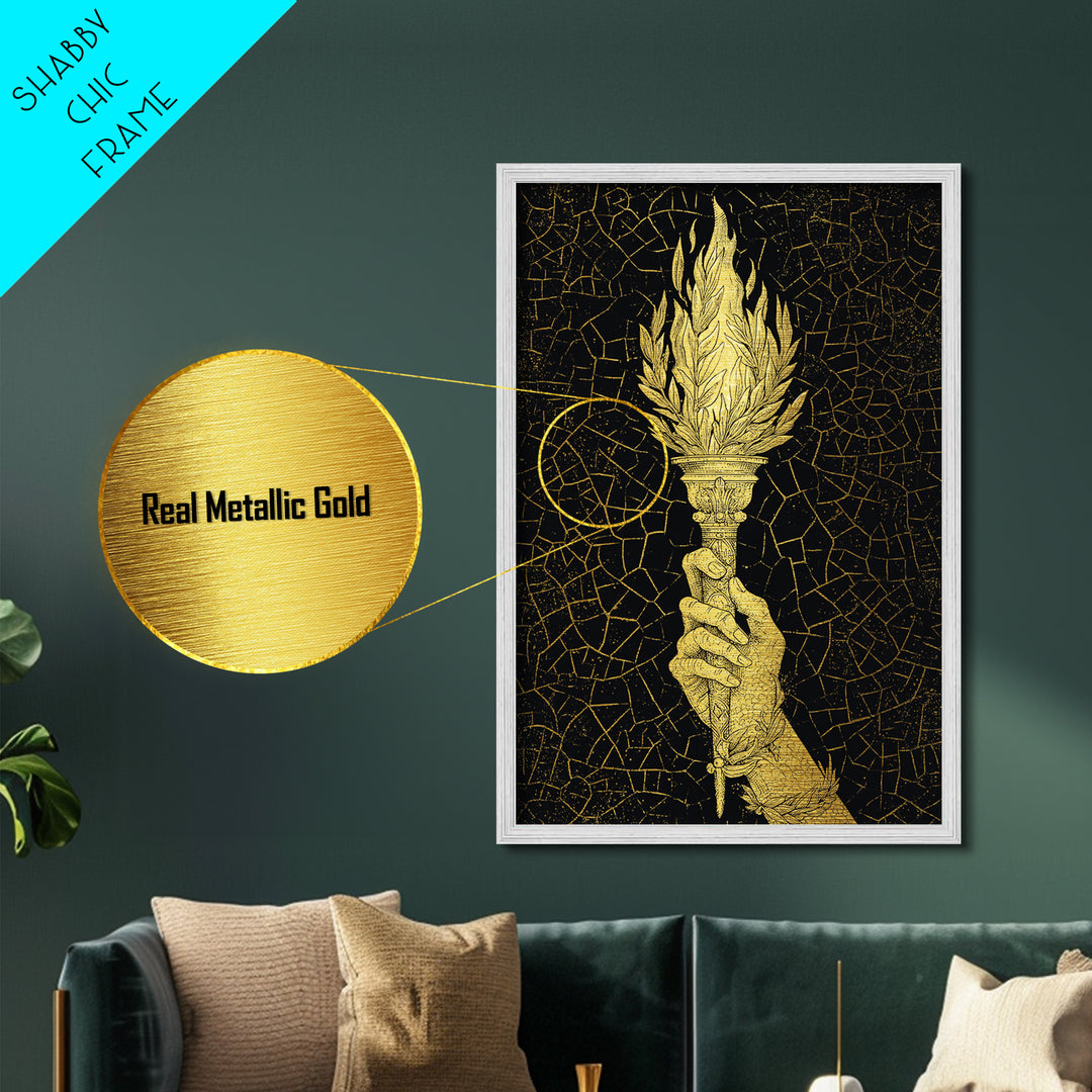Olympic Flame Hand Holding Torch Metallic Gold Metal Print – Classical Greek Inspired Wall Art with Real Wood Frame