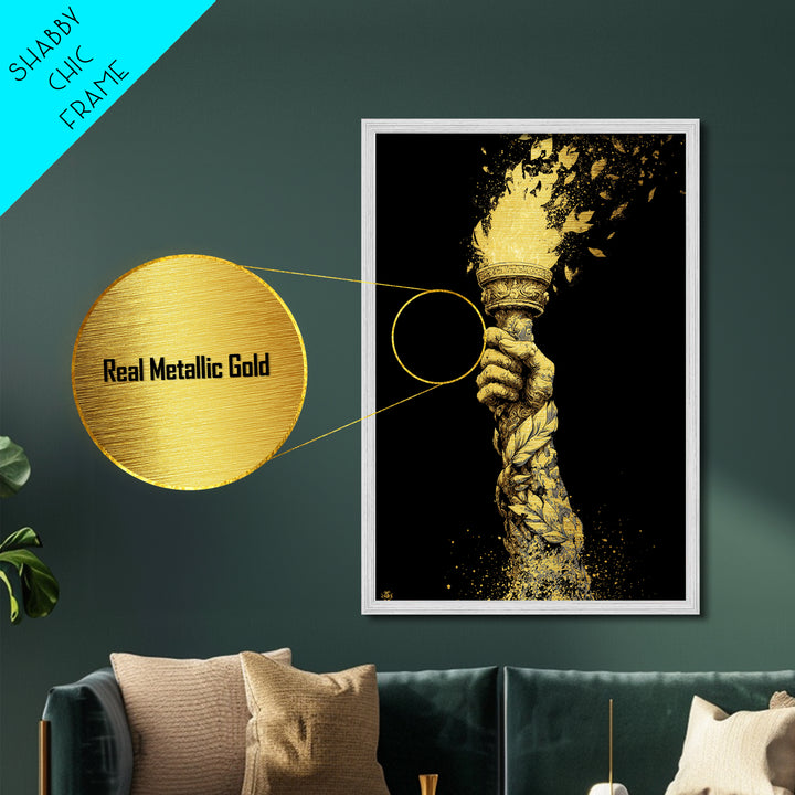 Flaming Laurel Torch Metallic Gold Metal Print – Ancient Greek Victory Symbol Wall Art with Real Wood Frame