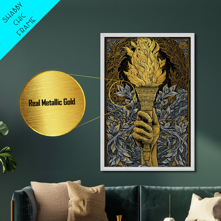 Mythic Laurel Torch Metallic Gold Metal Print – Intricate Greek Style Wall Art with Real Wood Frame